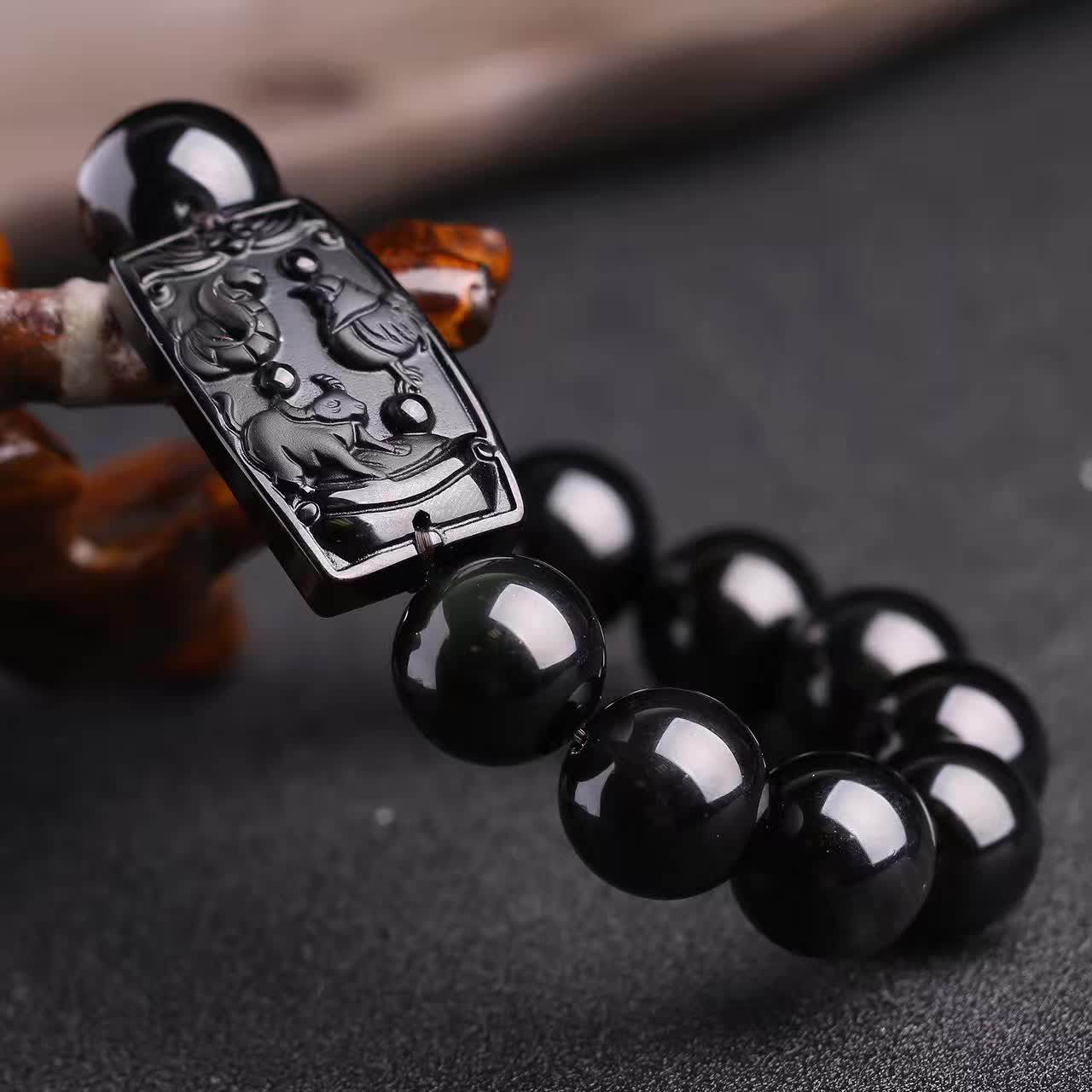 黑曜石2026属鸡牛蛇三合贵人手链本命年招财平安吉祥物男女