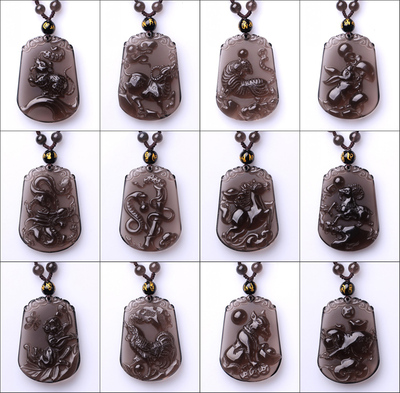 2026天然冰种黑曜石十二生肖吊坠属相鸡鼠牛猪猴狗男女款项