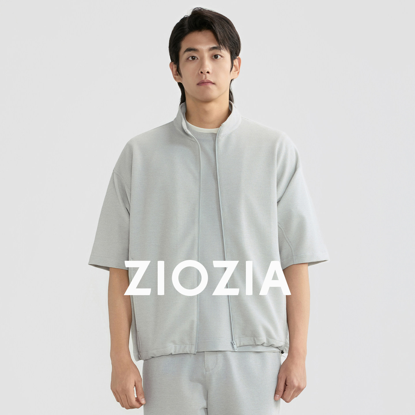ZIOZIA通勤男装26夏浅灰色宽松华夫格休闲短袖卫衣开衫ZYLF1818D
