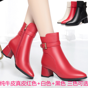 短靴女真皮中跟时尚百搭中年妈妈棉鞋加绒加厚皮面外穿马丁靴单靴