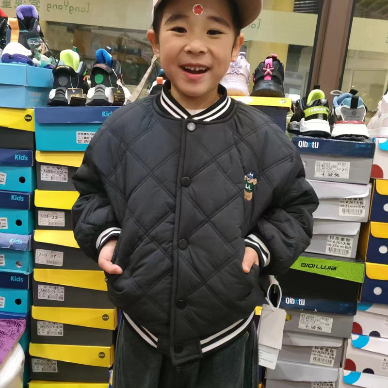 菱形格棒球衫短款卡通刺绣棉服棉袄男童秋冬新外套韩版潮洋气