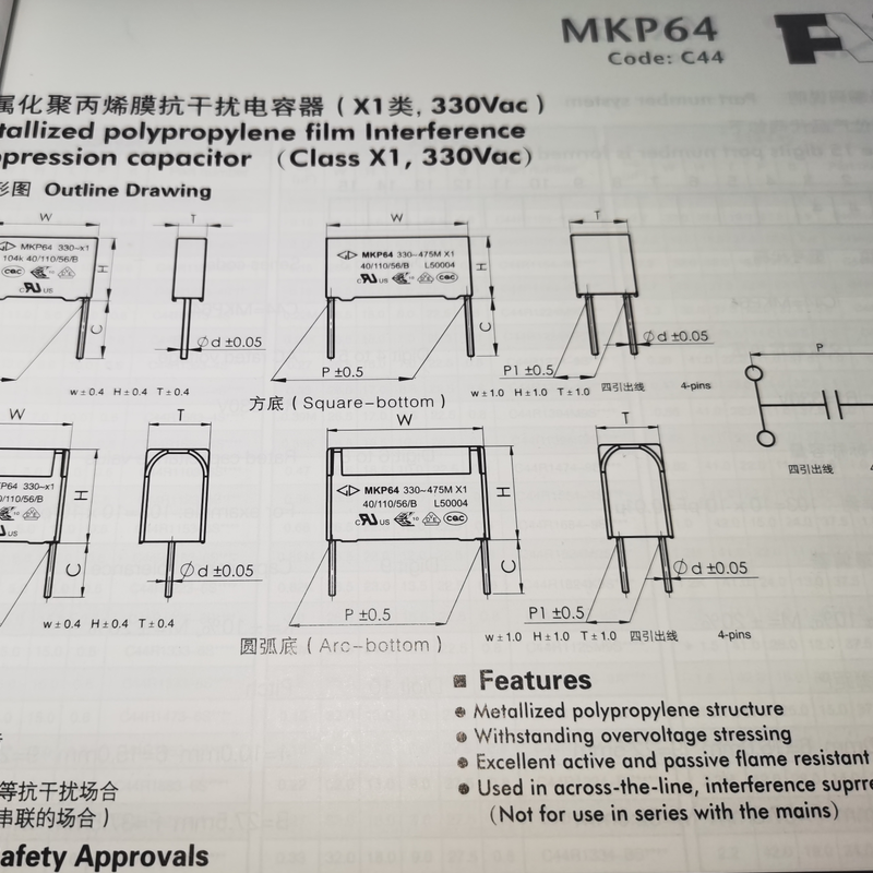 C44R1105KFSC000 厦门法拉 MKP64 105K 330VAC X1 抗干扰安规电容