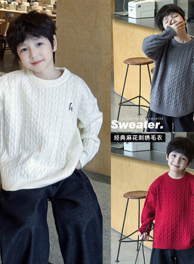 小杰家2025冬季新款男童中大童针织圆领小鹿麻花刺绣毛衣