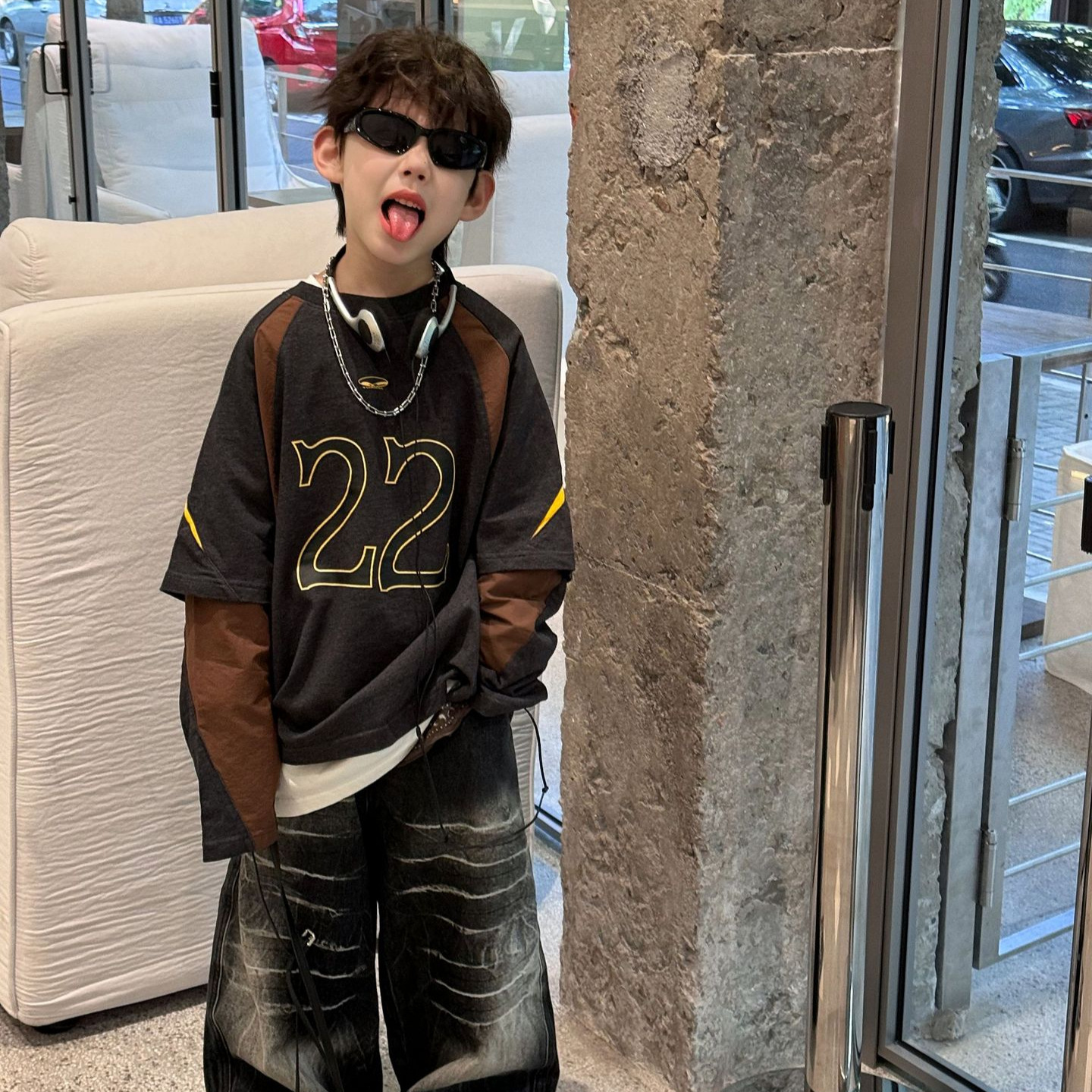 男童秋季假两件美式休闲T恤打底