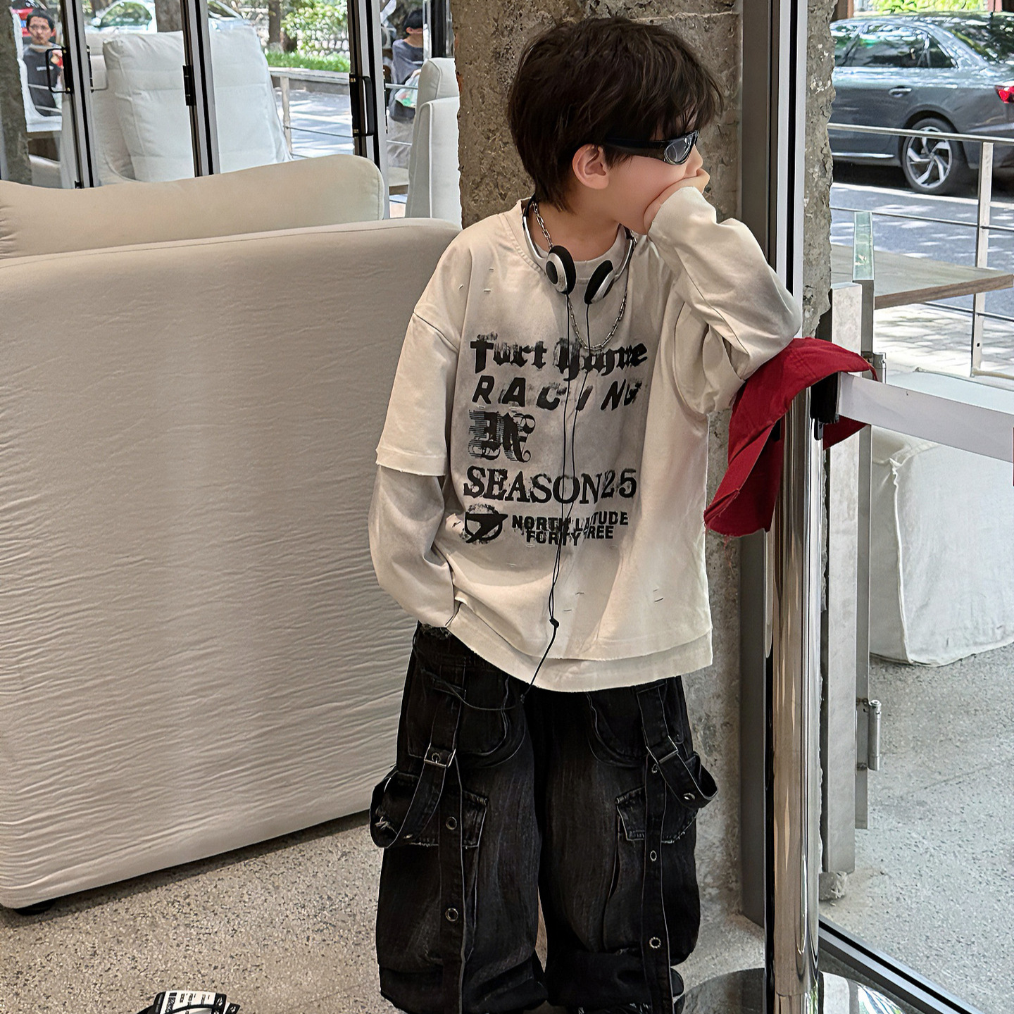 秋季T恤晕染假两件内搭打底衫