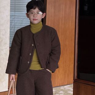 小杰家2025冬季新款童棕色夹棉呢子外套七分裤套装