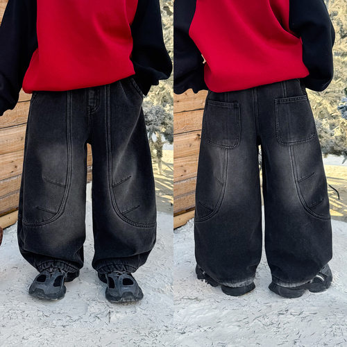 小杰家男童砂洗做旧加绒牛仔裤