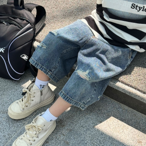 小杰家夏季新款韩版男童纯色百搭破洞洋气时尚牛仔短裤儿童裤潮
