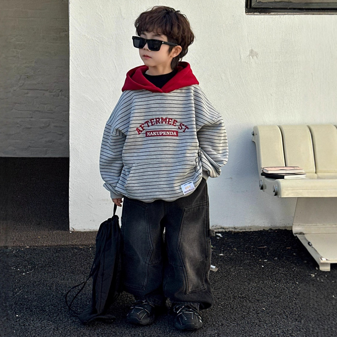 小杰家男童条纹加绒连帽卫衣帽衫