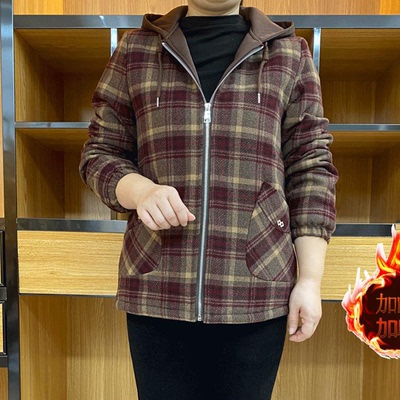 格纹连帽拉链加绒加厚保暖棉服