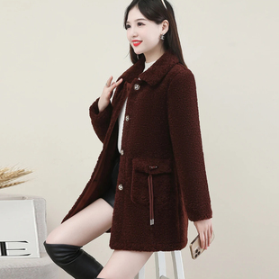 中长款羊羔绒毛呢外套女士中年妈妈装秋冬装新款加绒加厚保暖上衣
