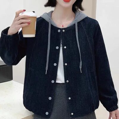 弹力假两件休闲连帽牛仔夹克衫