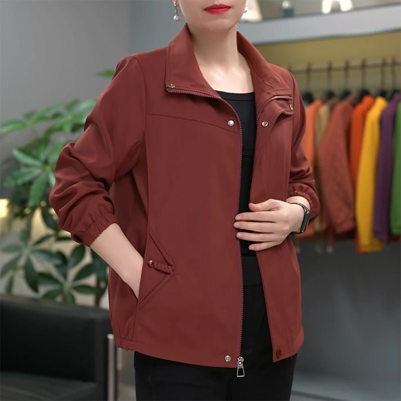 妈妈装休闲翻领长袖薄款风衣外套女中老年春秋宽松大码纯色夹克