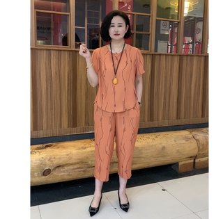 中年妈妈夏装短袖两件套中老年人女装套装40到50岁洋气夏季上衣服