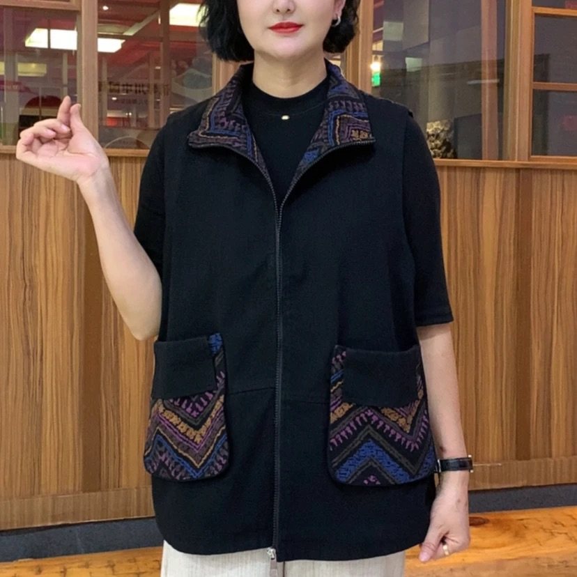 2025秋特大码牛仔马甲中老年人胖妈妈宽松拼接坎肩背心外套有里衬