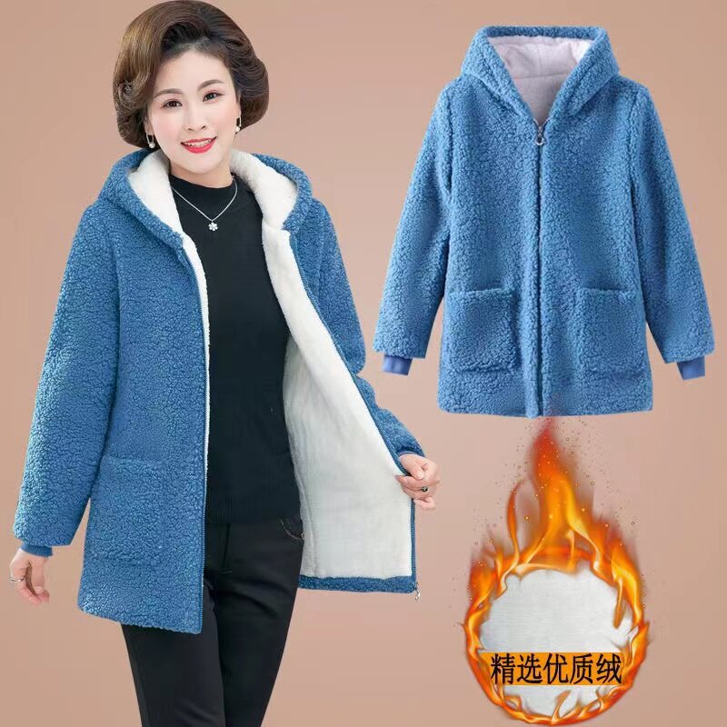 妈妈冬装加绒颗粒绒棉衣大码中老年女装保暖连帽棉袄加厚卫衣外套