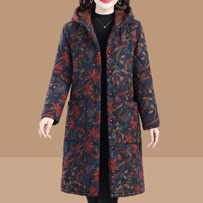 加绒加厚棉衣中长款碎花连帽棉服