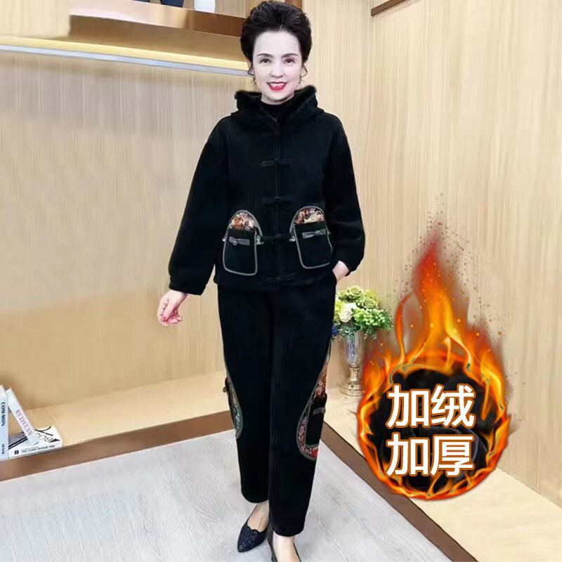 冬装灯芯绒棉衣套装复古盘扣时尚