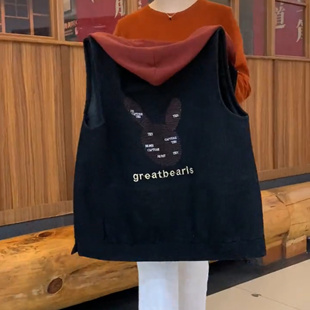 春秋黑色欧货连帽背心坎肩马夹短外套 宽松大码 牛仔马甲女个性 时尚