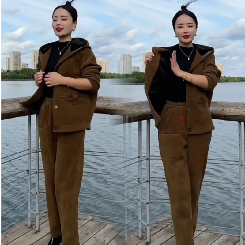 春季新款时尚妈妈套装女连帽外套+高腰显瘦哈伦裤休闲运动两件套