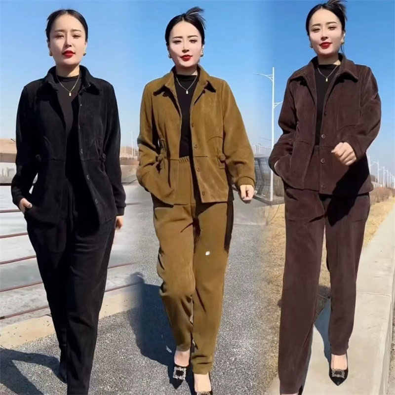 2024新款秋冬季套装女士外套加厚长裤子运动休闲两件套大码妈妈装