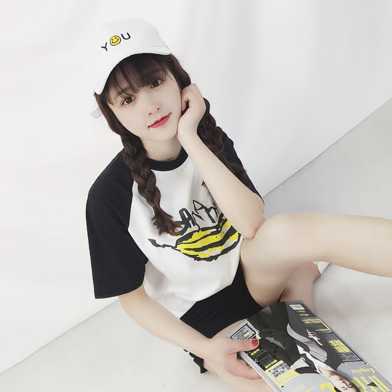iFashion夏装韩国ULZZANG宽松纯棉拼色印花短袖T恤女插肩袖学生潮