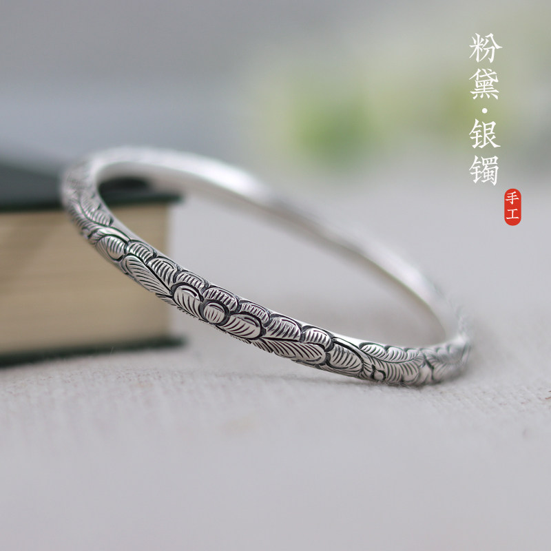 999纯银手镯实心闭口女式简约做旧牡丹银镯刻字定制送礼物送妈妈