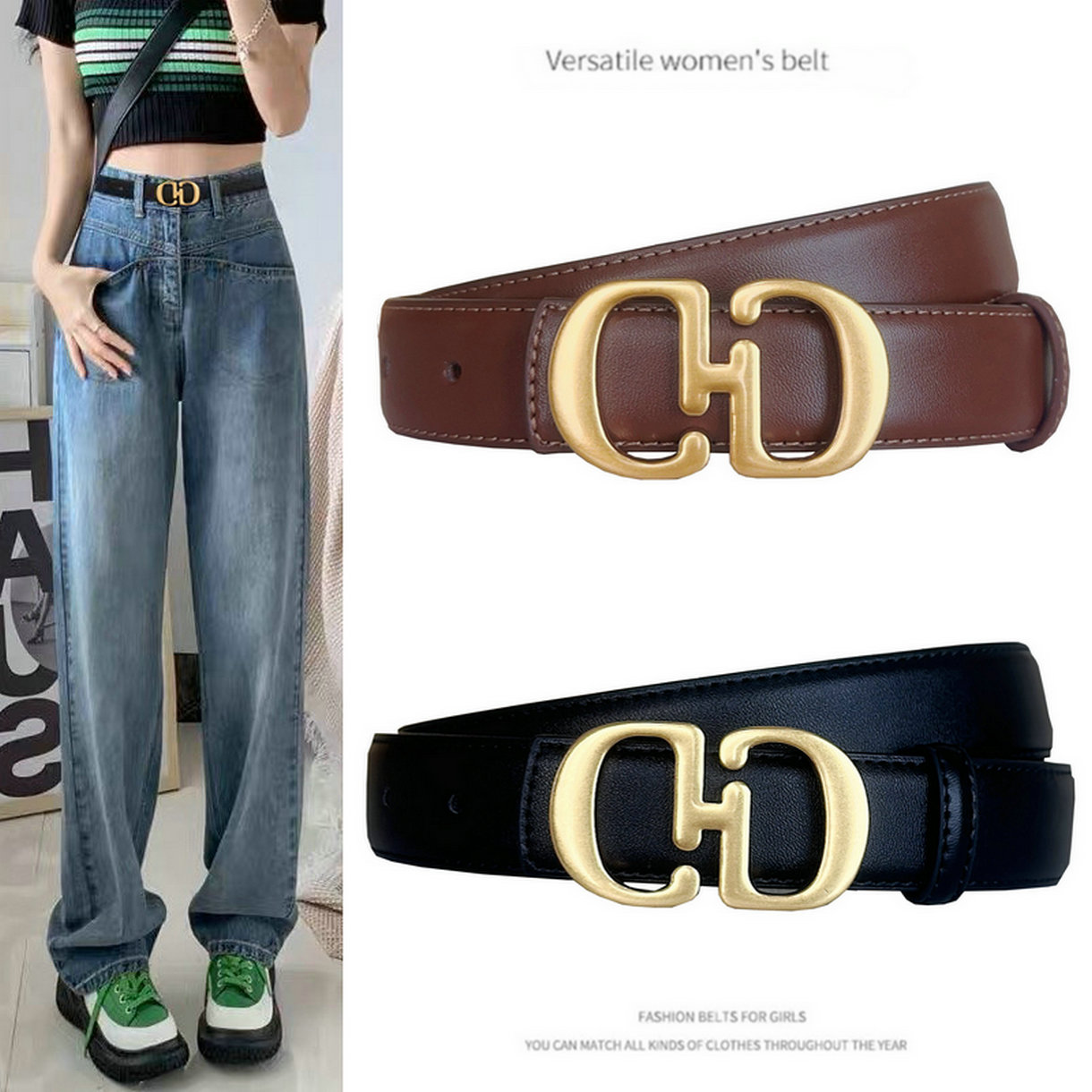 女士字母牛皮圆扣百搭腰带