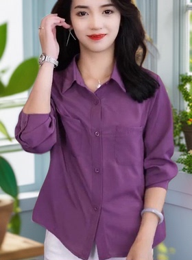 紫色衬衫女小个子短袖时尚洋气质2025宽松显瘦夏季新款减龄白衬衣