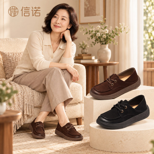 信诺真皮软底系带乐福鞋女百搭