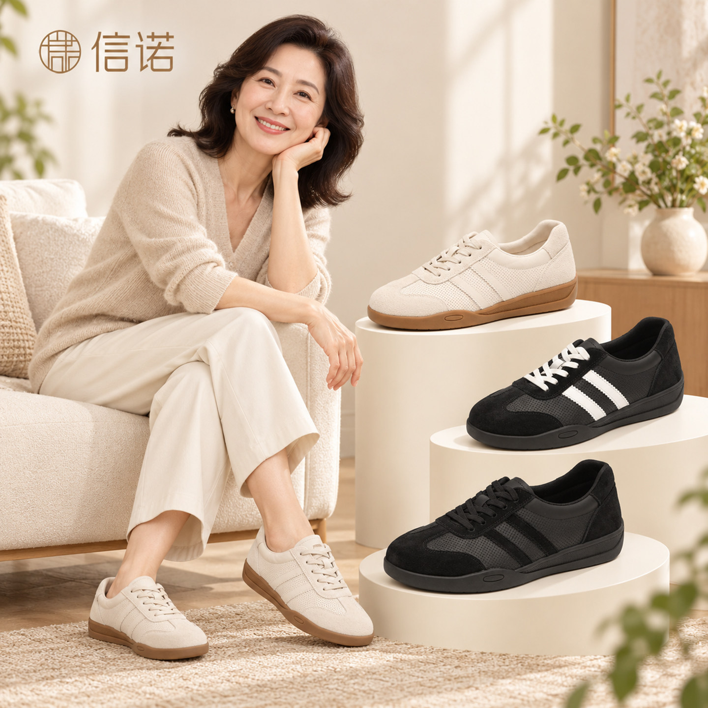 信诺复秋季女黑色软底舒适德训鞋
