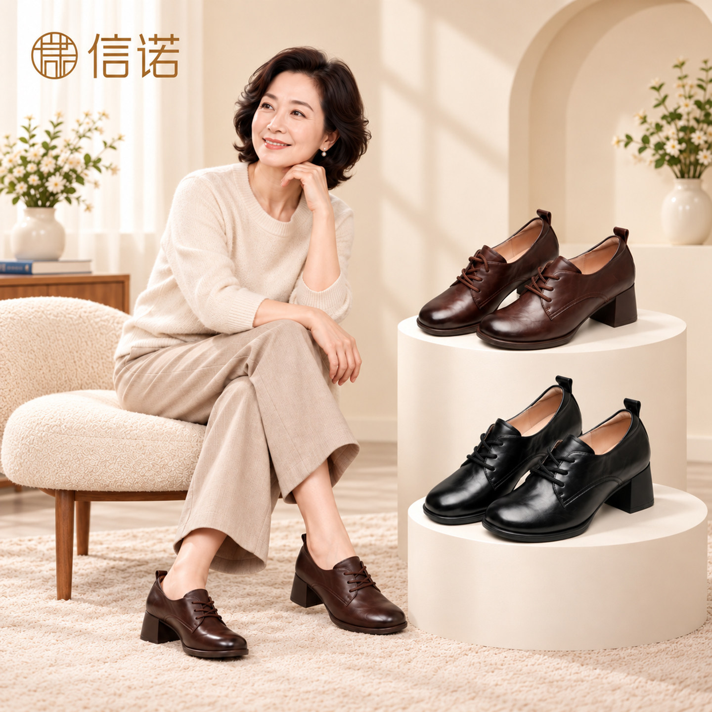 信诺2026秋季新款法式复古系带深口单鞋女粗跟真皮软底通勤德比鞋