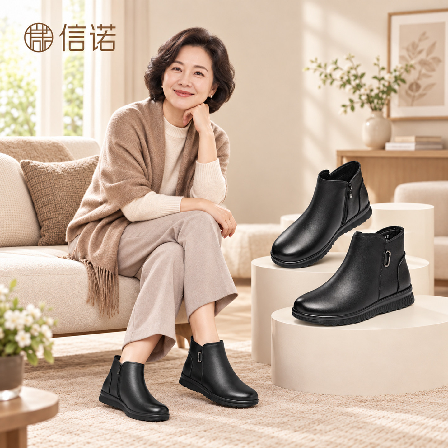 信诺真皮中老年女厚底软底短靴