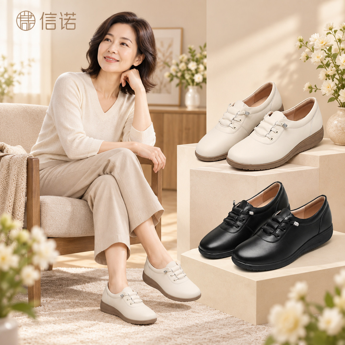 信诺真皮女系带平底乐福鞋