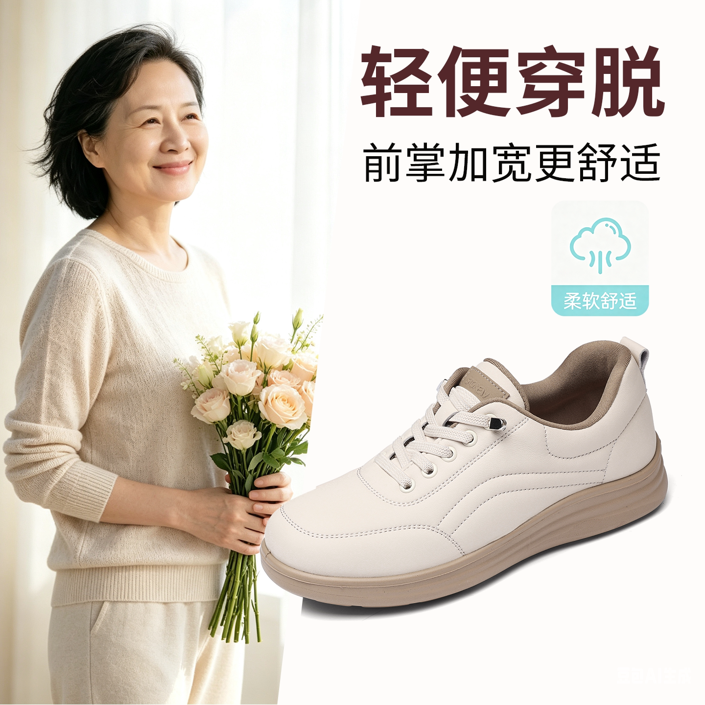 信诺妈妈鞋厚底百搭小白鞋中老年轻便舒适软底休闲运动鞋真皮女鞋