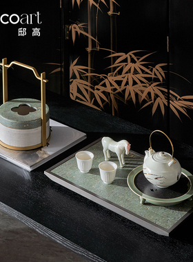 邸高家居新中式样板间黑色盆景陶瓷花器别墅民宿茶室茶几艺术摆件