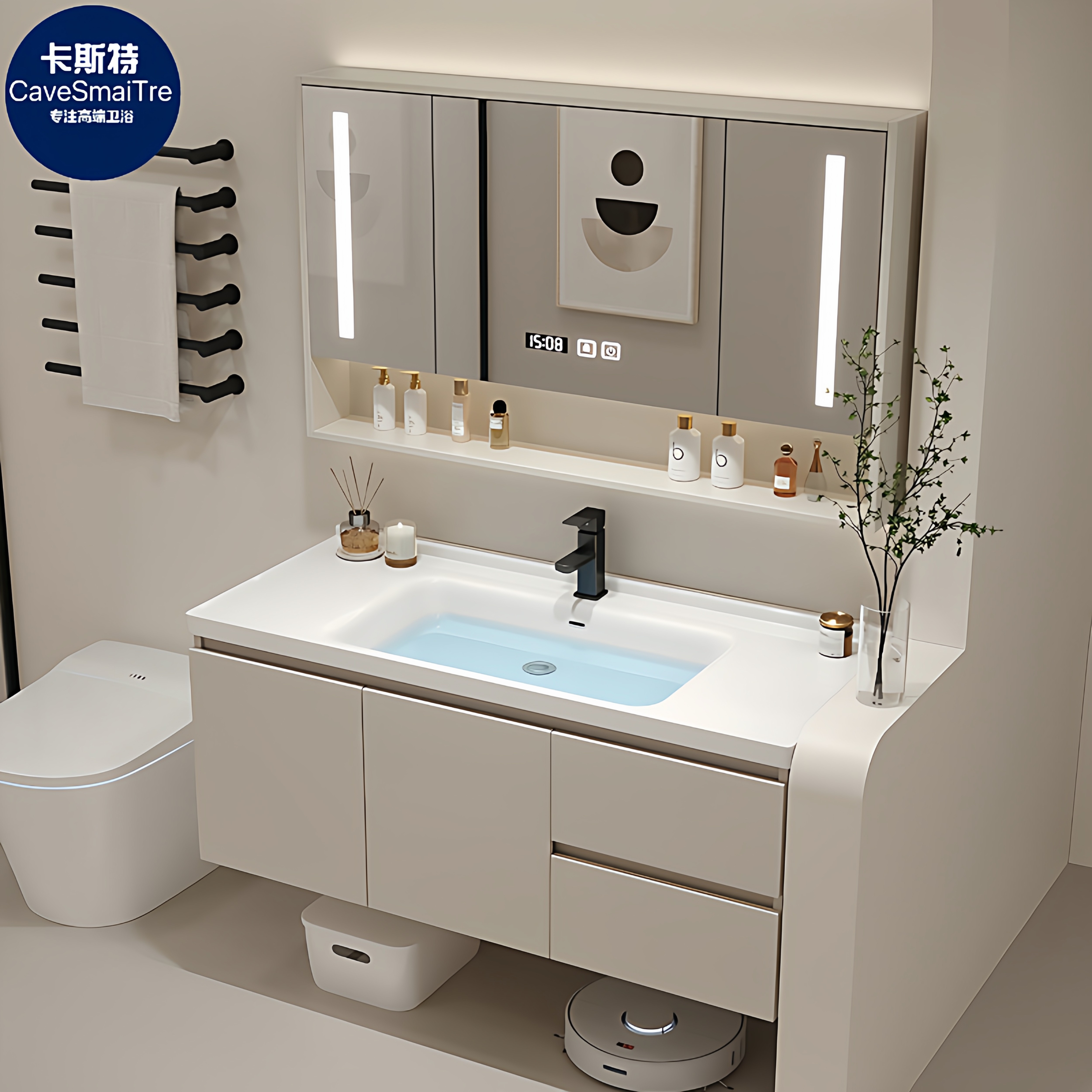 奶油风陶瓷一体盆智能卫生间浴室柜现代简约洗漱台洗手洗脸洗面盆