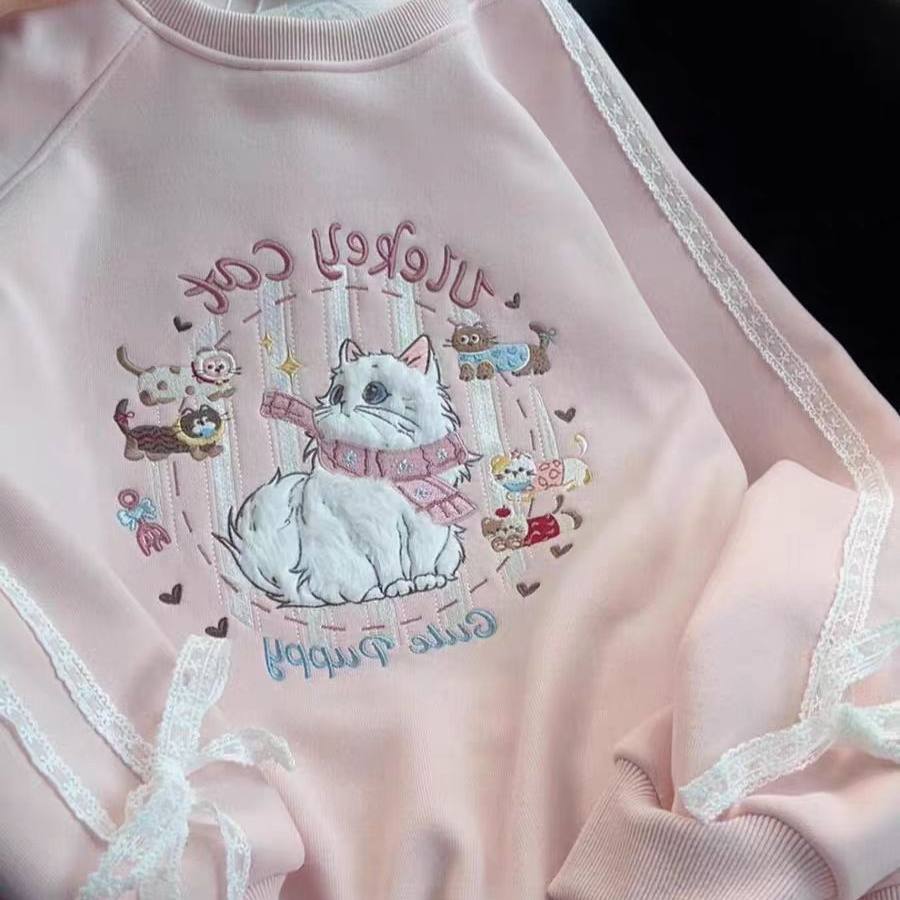 韩系甜美重工刺绣卡通猫咪蕾丝插肩卫衣女童秋冬加绒宽松长袖上衣