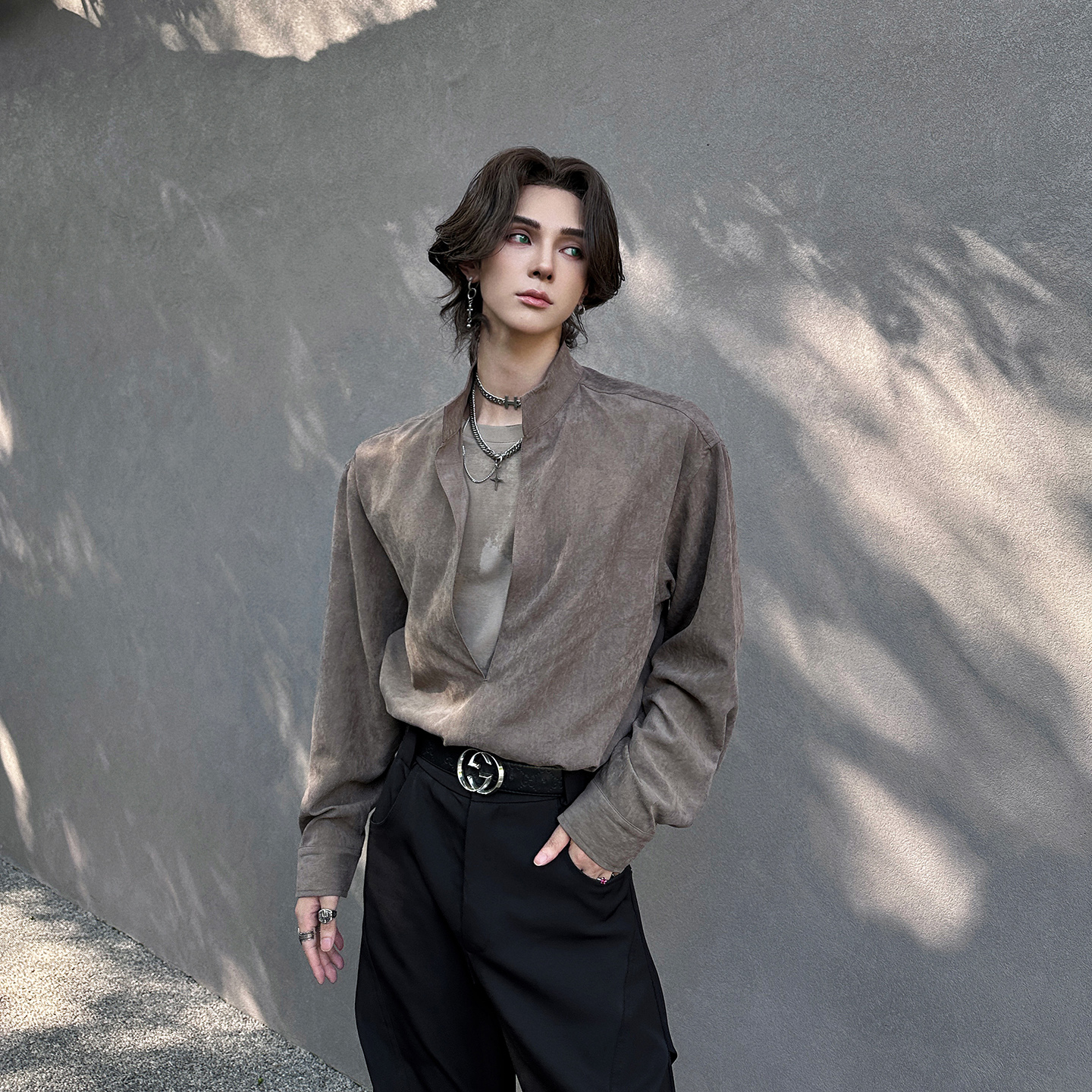 杨一帆潮牌假两件宽松长袖衬衫韩