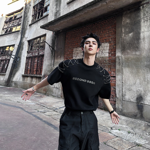 杨一帆潮牌短袖T恤男款2025夏季新款街头设计感纯棉宽松字母体恤