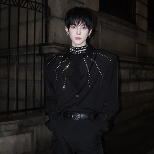 杨一帆潮牌长袖衬衫男款2025秋季新款镶钻设计款宽松时尚衬衣春季