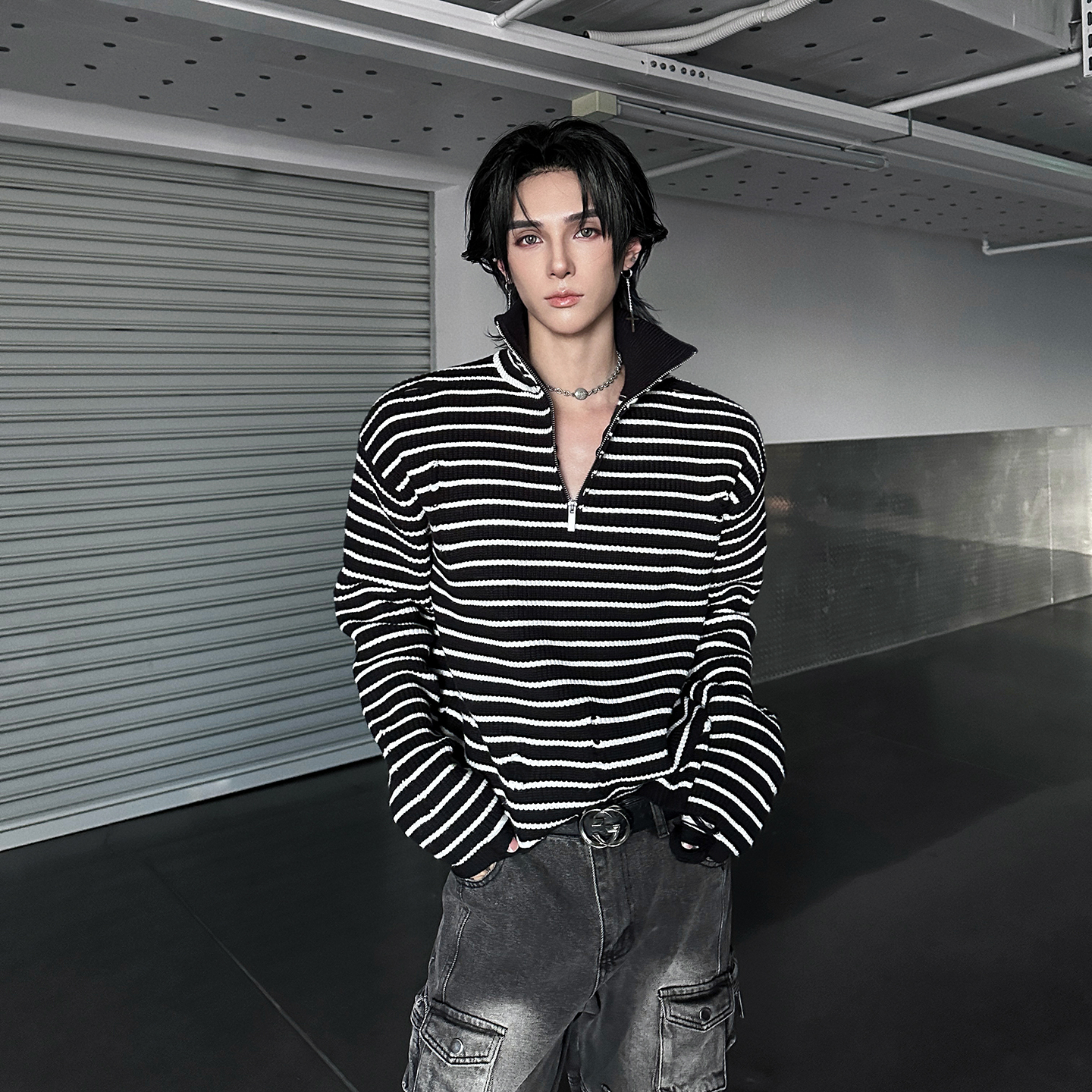 杨一帆潮牌韩版条纹撞色宽松毛衣