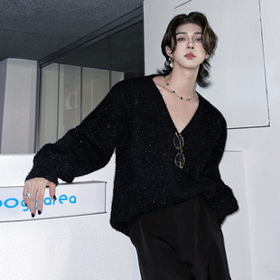 杨一帆潮牌毛衣外套男款秋冬季新款时尚V领慵懒风宽松针织线衣