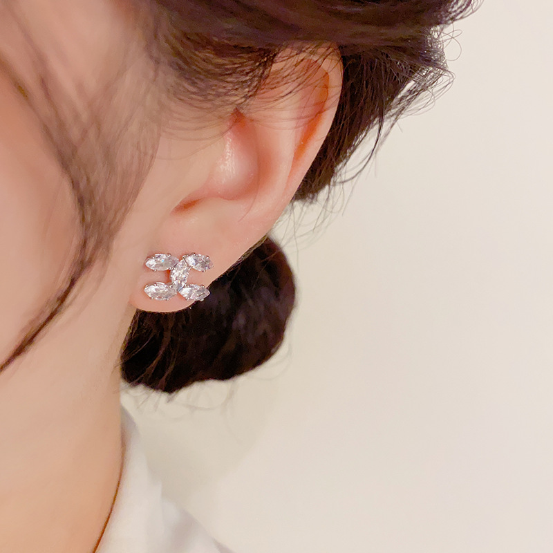 法式精致甜美锆石双C耳钉女 s925银针轻奢小巧级感个性气质耳环