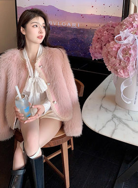 欧美2025冬季粉色环保狐狸毛皮草女短款流苏边设计感减龄外套