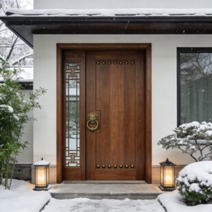 柚木中式进户门菠萝格玻璃子母门别墅庭院对开门自建房大门