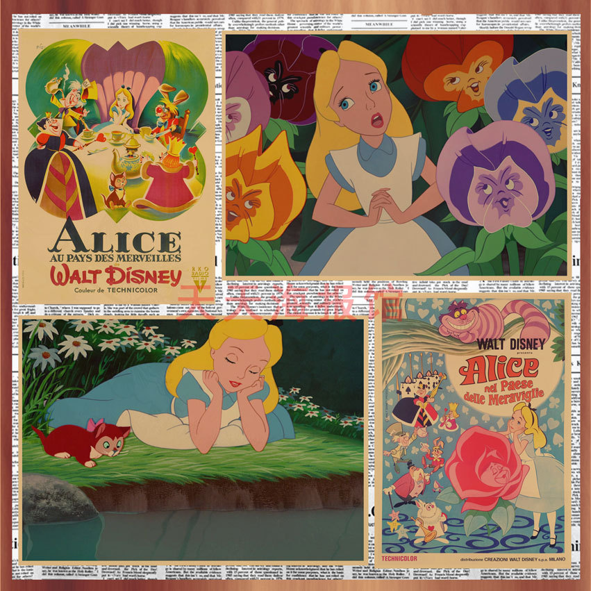 画之佳爱丽丝梦游仙境卡通动漫海报 宿舍儿童房复古牛皮纸装饰墙图片