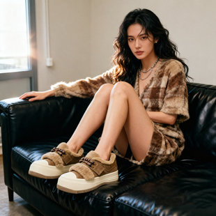 欧洲站2026秋冬新款真皮厚底毛毛板鞋女保暖棉鞋魔术贴运动休闲鞋