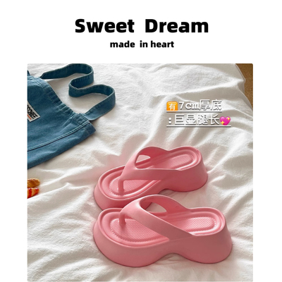 显白芭比粉7cm厚底增高沙滩人字