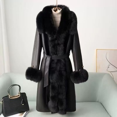 狐狸毛领皮草外套女长款束带浴袍式黑色毛毛袖大衣6323
